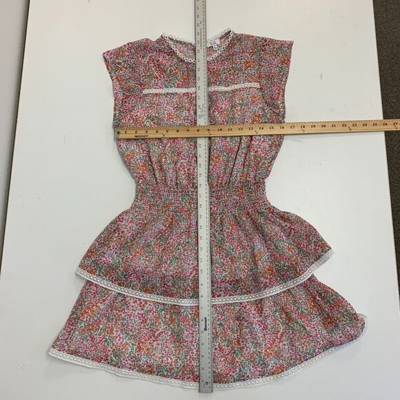 Q + A Cap Sleeve Smocked Mini Dress Womens S Small Ditsy Pink Floral Tiered Lace - Picture 7 of 10